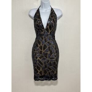 Rubber Duckie All Over Sequined Halter Open Back Dress S Black Evening Glam